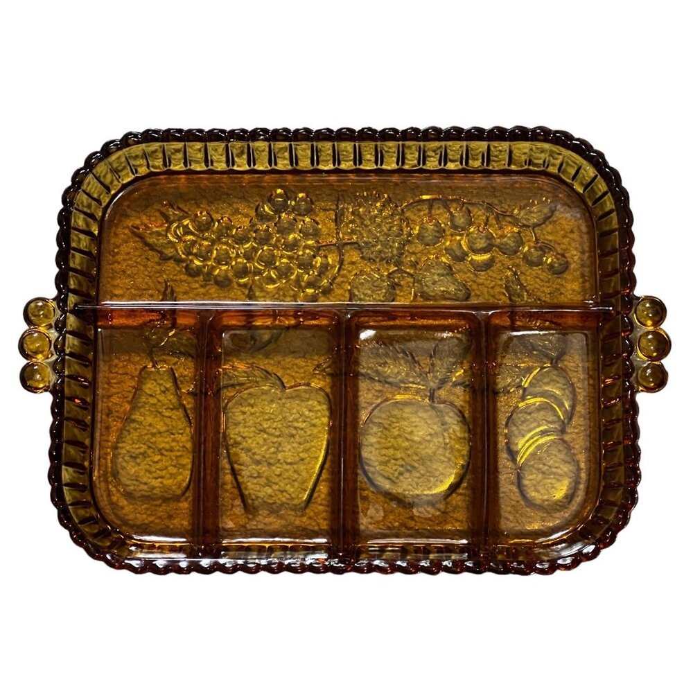 Vintage Amber Glass Serving Platter Rectangle 13" x 9" Molded Fruit Charcuterie